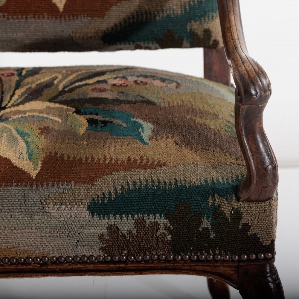 18th Century Walnut French Open Armchair In 19th Century Wild Strawberry Tapestry photo vinterior