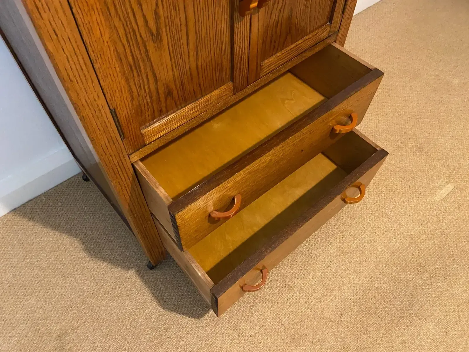 Art Deco 1930's Golden Oak Cabinet/Compactum On Castors With Bakelite Handles photo vintage