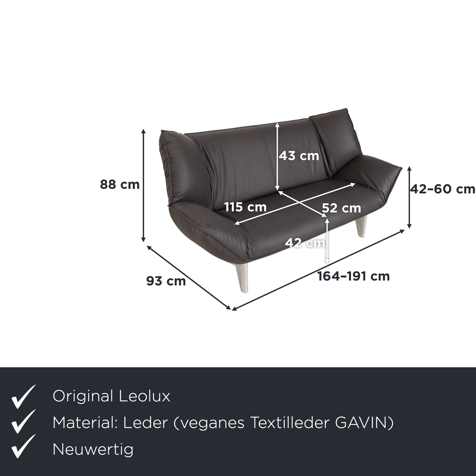 Canapé 2 places Leolux Tango en cuir vegan gris anthracite foncé, fonction manuelle, retapissé photo furniture