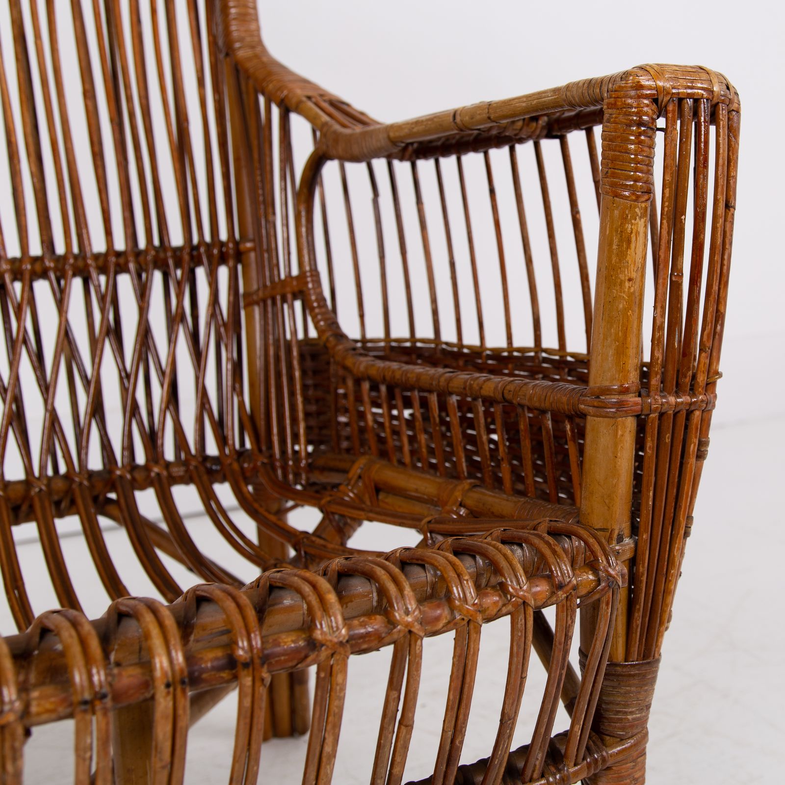 Pair Mid Century Italian Wicker & Bamboo Wingback Armchairs Fratelli Castano Milan C1970 photo vintage