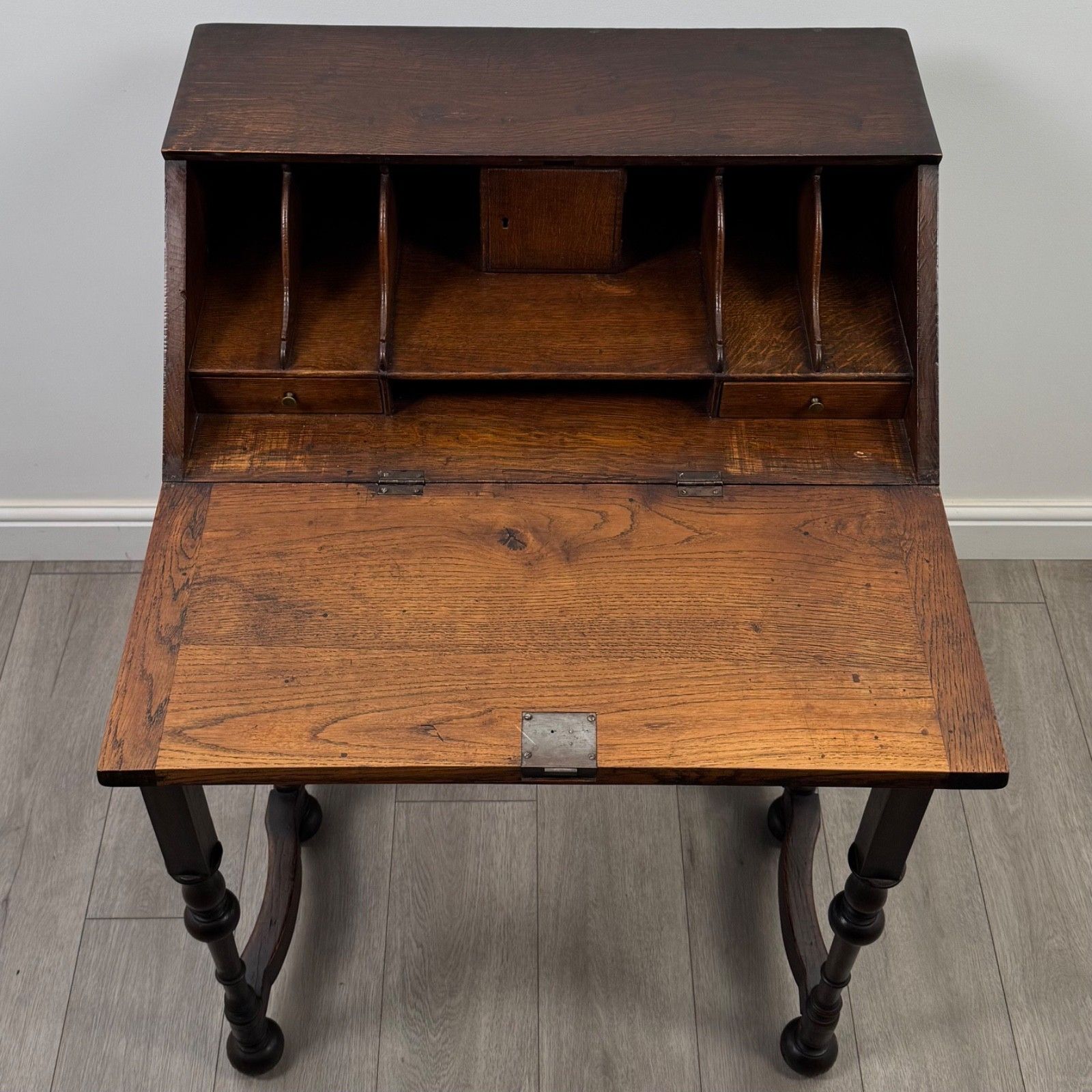 Furniture Antique 20th Century Unique Jacobean Style Bureau In Oak photo