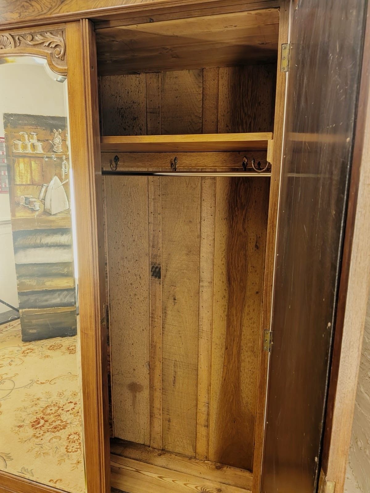 Large Edwardian Walnut & Burr Carved Double Wardrobe photo for sale