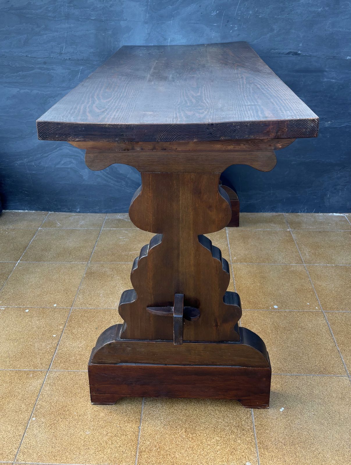 Spanish Rustic Trestle Console Table With Carved Pedestal Supports, 1940s photo Furniture