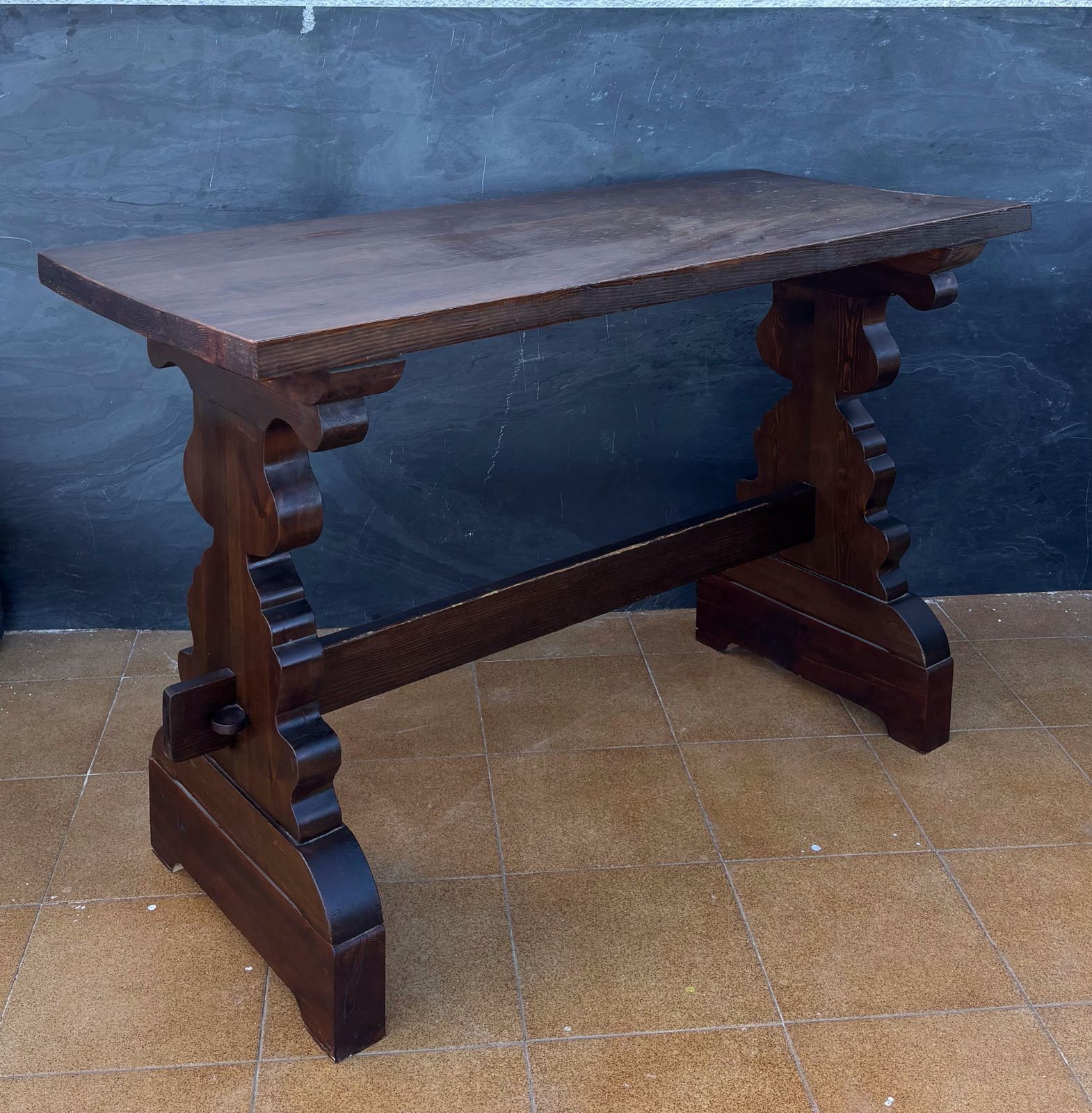 Spanish Rustic Trestle Console Table With Carved Pedestal Supports, 1940s photo vinterior