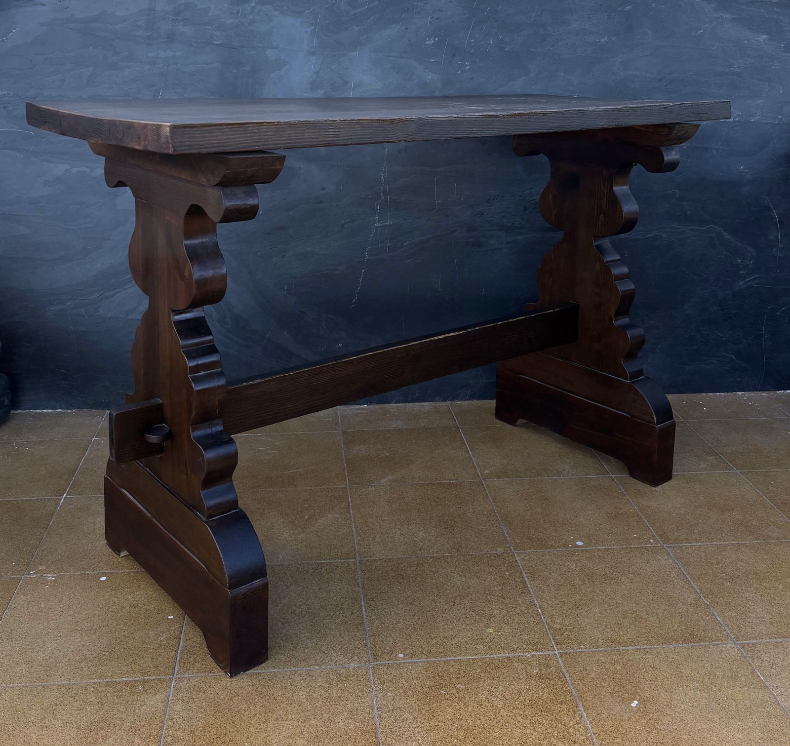 Spanish Rustic Trestle Console Table With Carved Pedestal Supports, 1940s photo buy