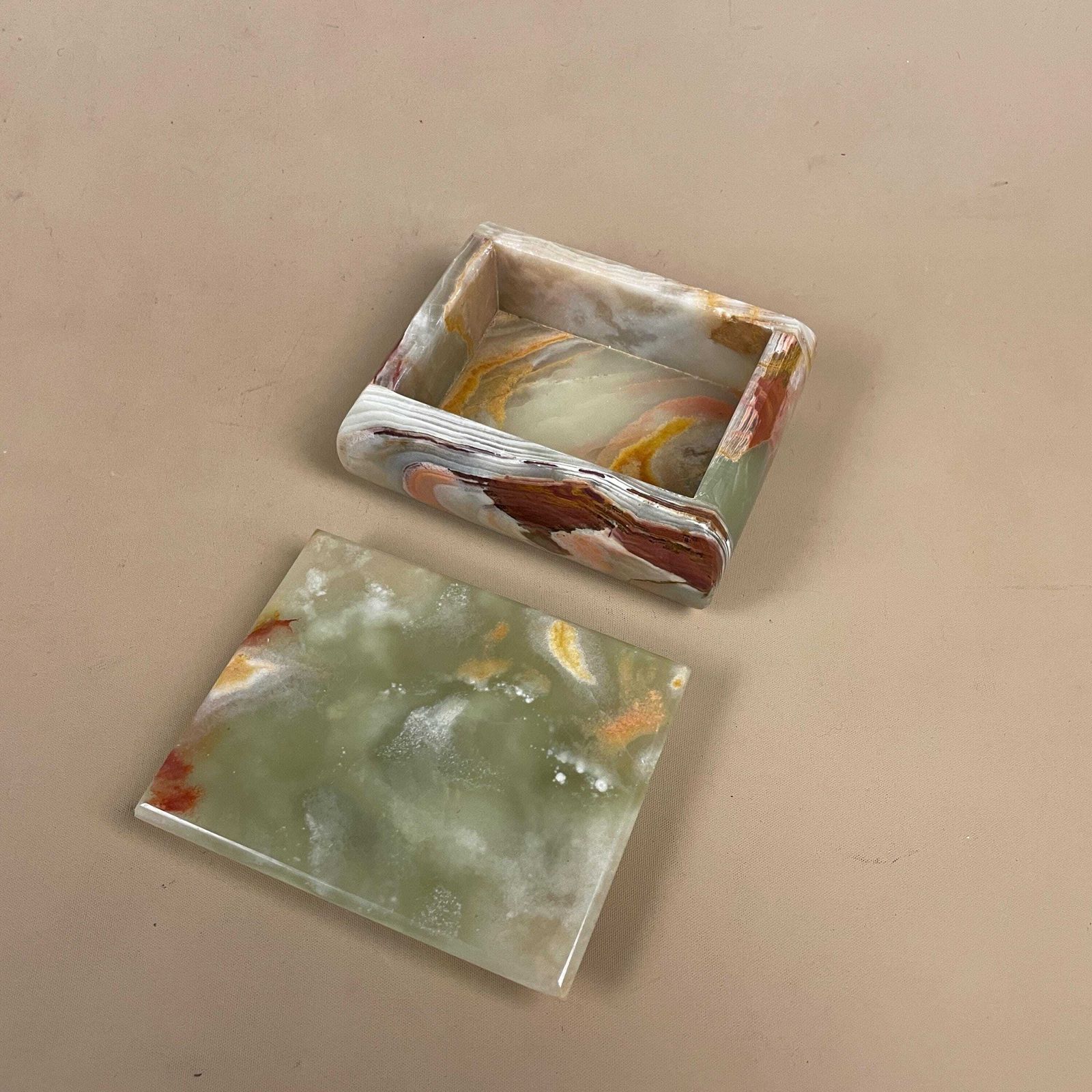 Onyx Marble Jewellery Box Vintage Trinket Lid Antique Green Table Top Pattern Lidded Rectangle Stone Patterned Keep Sake Antique photo for sale
