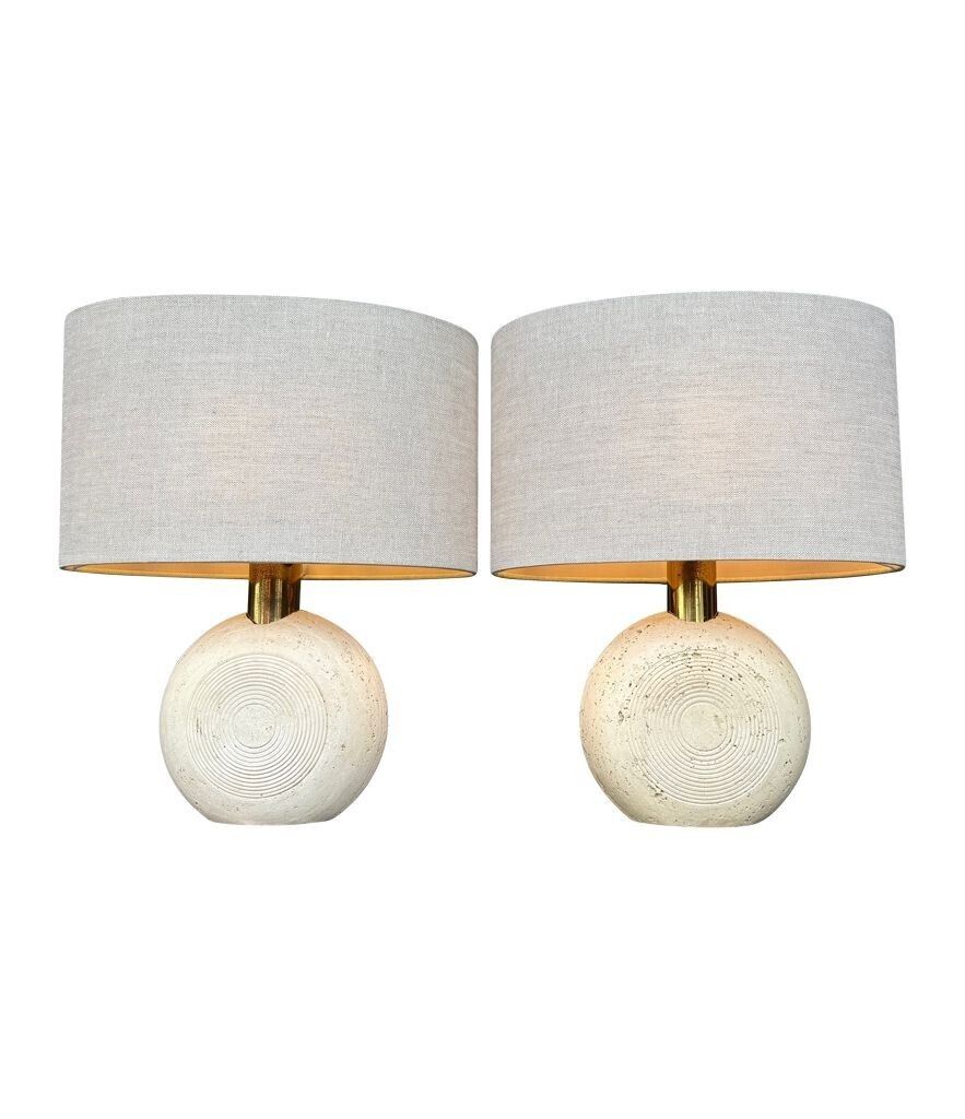 A Pair Of Circular Italian 1970s Travertine And Brass Lamps By Frattelli Manelli photo Lighting