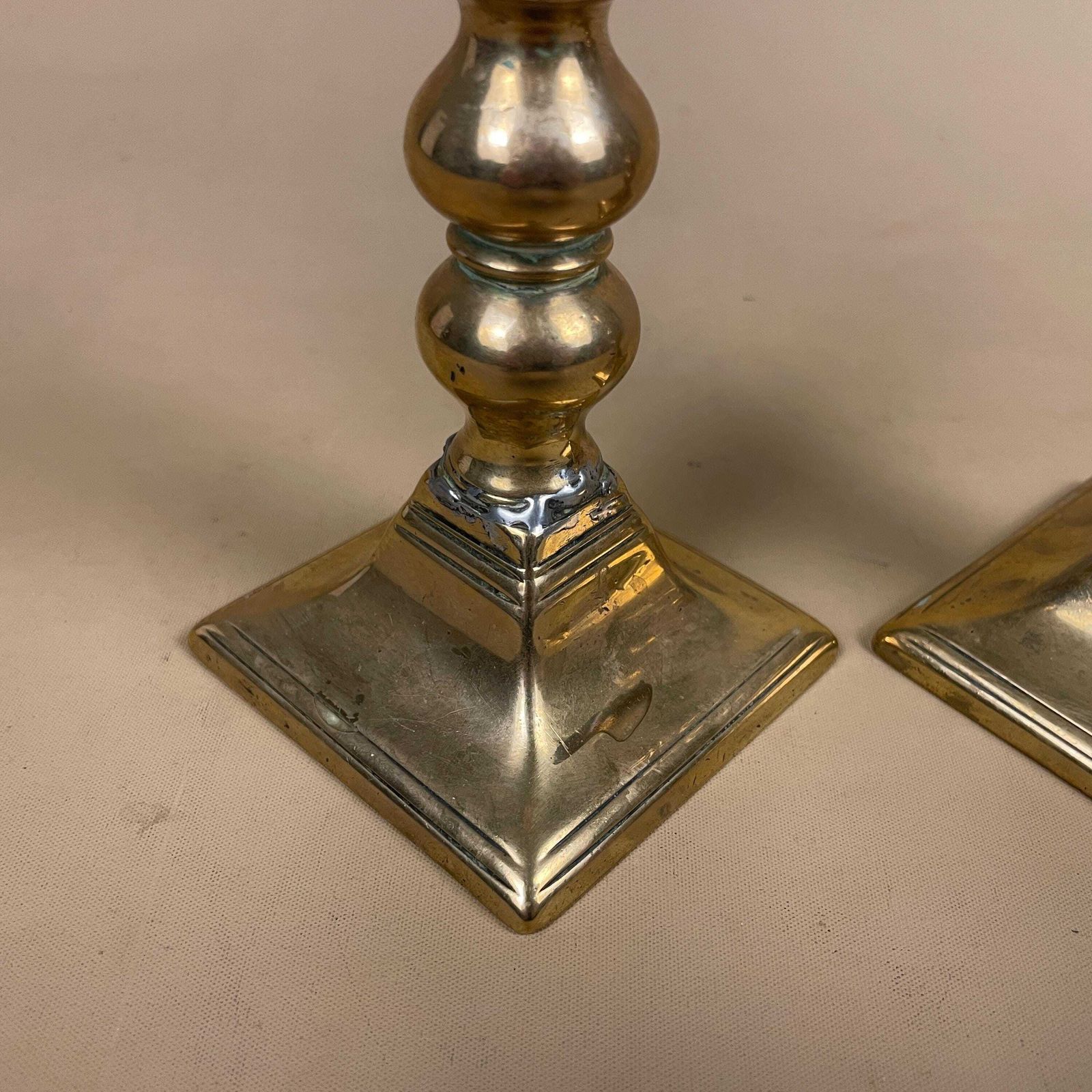 Antique Brass Candlestick Holders Gold Metal Candles Dinner Table Decor Square Base Ornate Matching Pair Set Bobbin Column photo vinterior