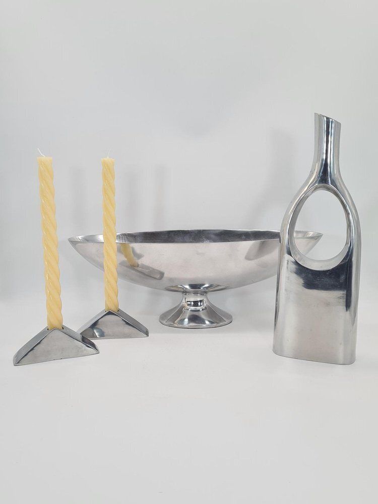 Polished Aluminum Platter, Candlesticks And Vase, 1990s, Set Of 4 photo Home Decor