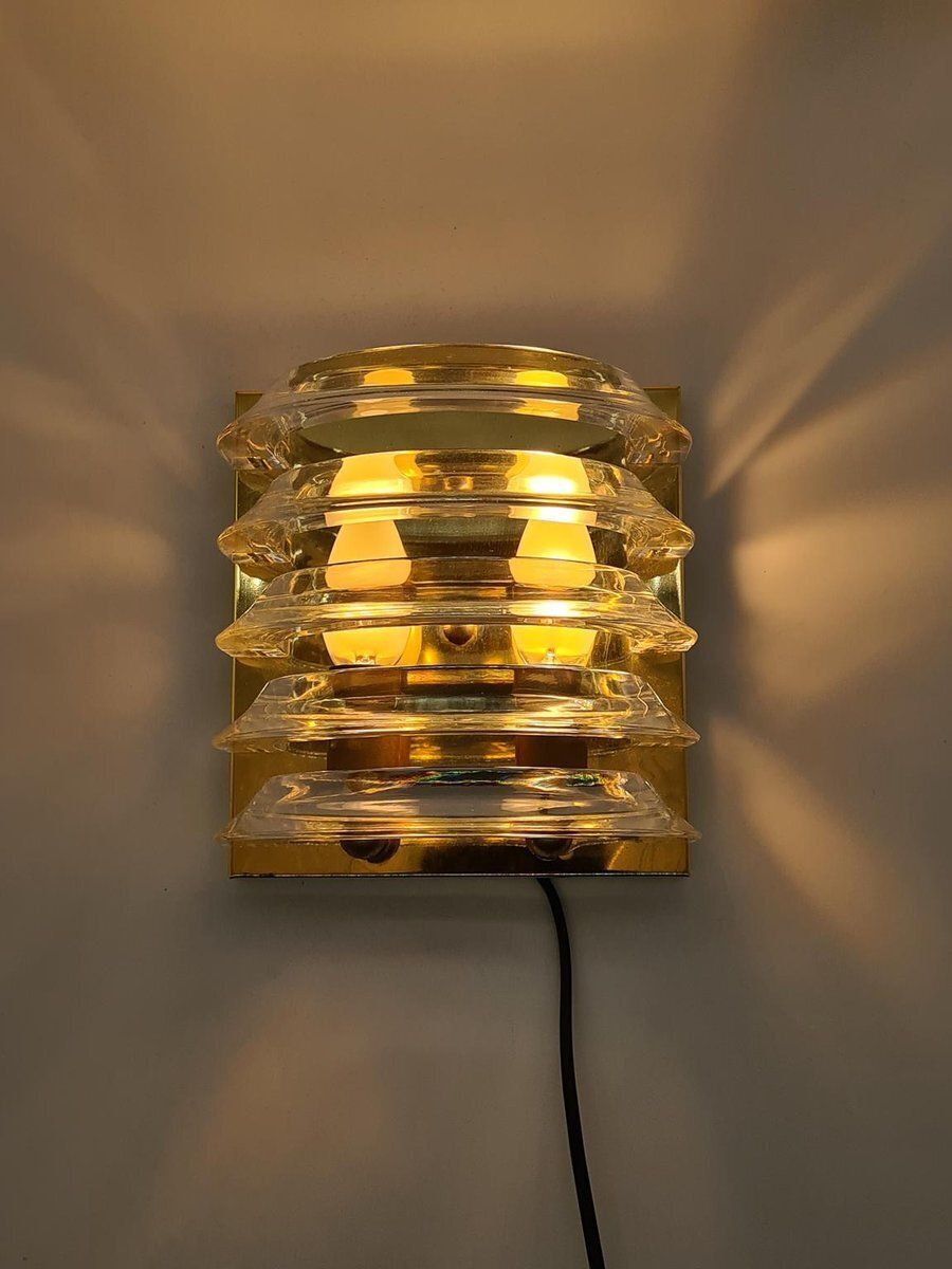 photo for sale Prometeusz Wall Lamp In Brass With Transparent Acrylic Elements, Poland, 1980s
