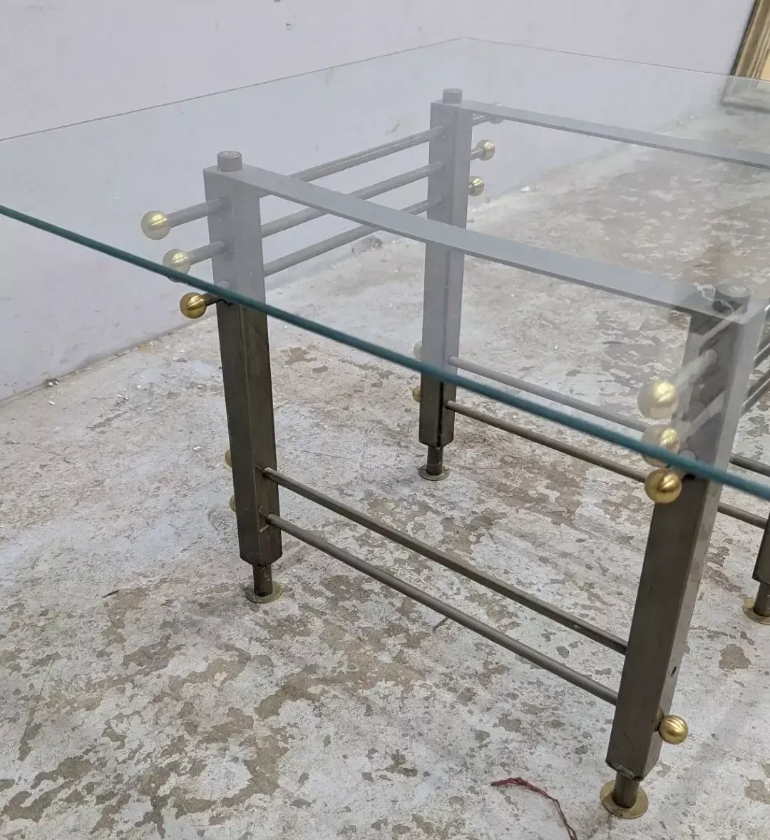 photo buy Desk And Chair Set In Patinated Metal And Brass, Glass Top, Attributed To The Italian Neo Rationalist Style, Circa 1980