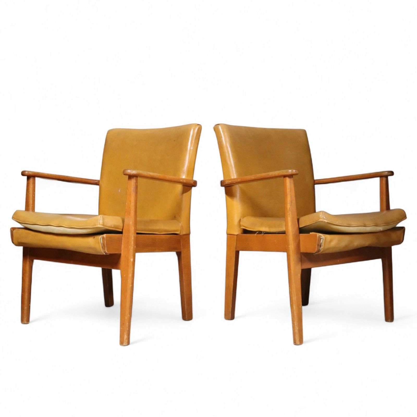 Pair Of Vintage Parker Knoll Pk 733 Armchairs Mid Century Beech Tan Vinyl