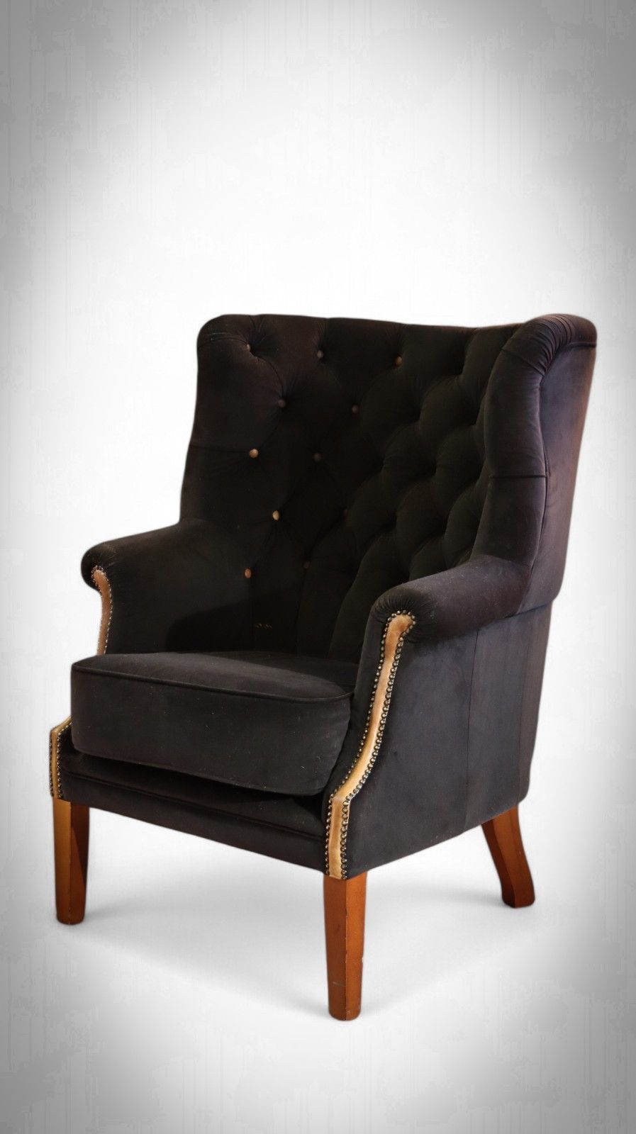 Tetrad Mackenzie Wingback Club Armchair Oscar Charcoal Velvet Saddle Tan Leather photo for sale