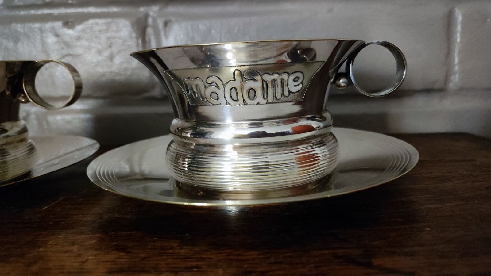 200.0 Antique French Silver Plated Madame & Monsieur Tea Cup Set photo