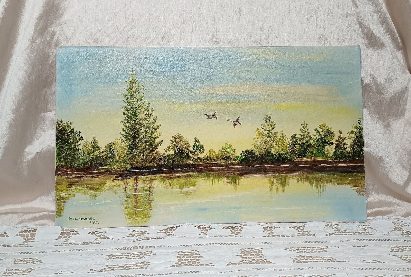 Oil Painting On Stretched Canvas Ducks In Flight Over The Lake Artist Signed. photo vinterior