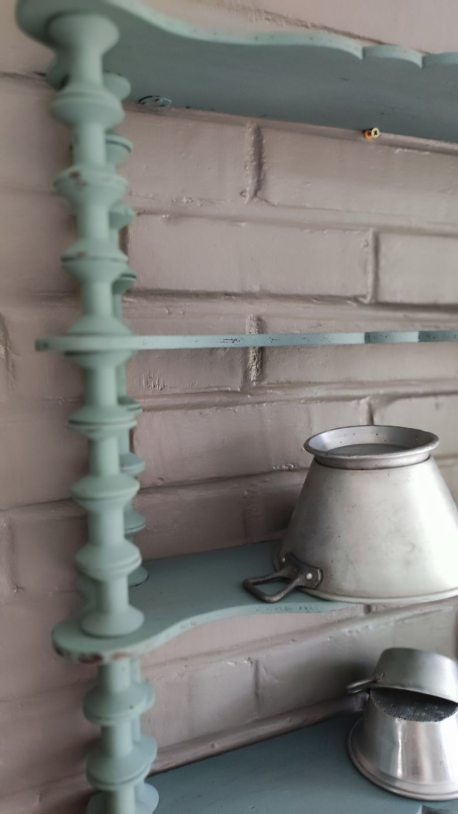 photo vintage French Antique Folk Art Spindle Wall Shelf Wooden Bobbin Wall Shelving Unit Light Blue