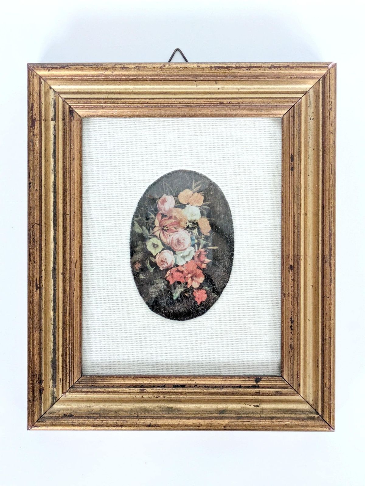 Vintage Floral Bouquet Print With Oval Linen Mat, Gilded Wood Frame, Foiled Shimmer Art