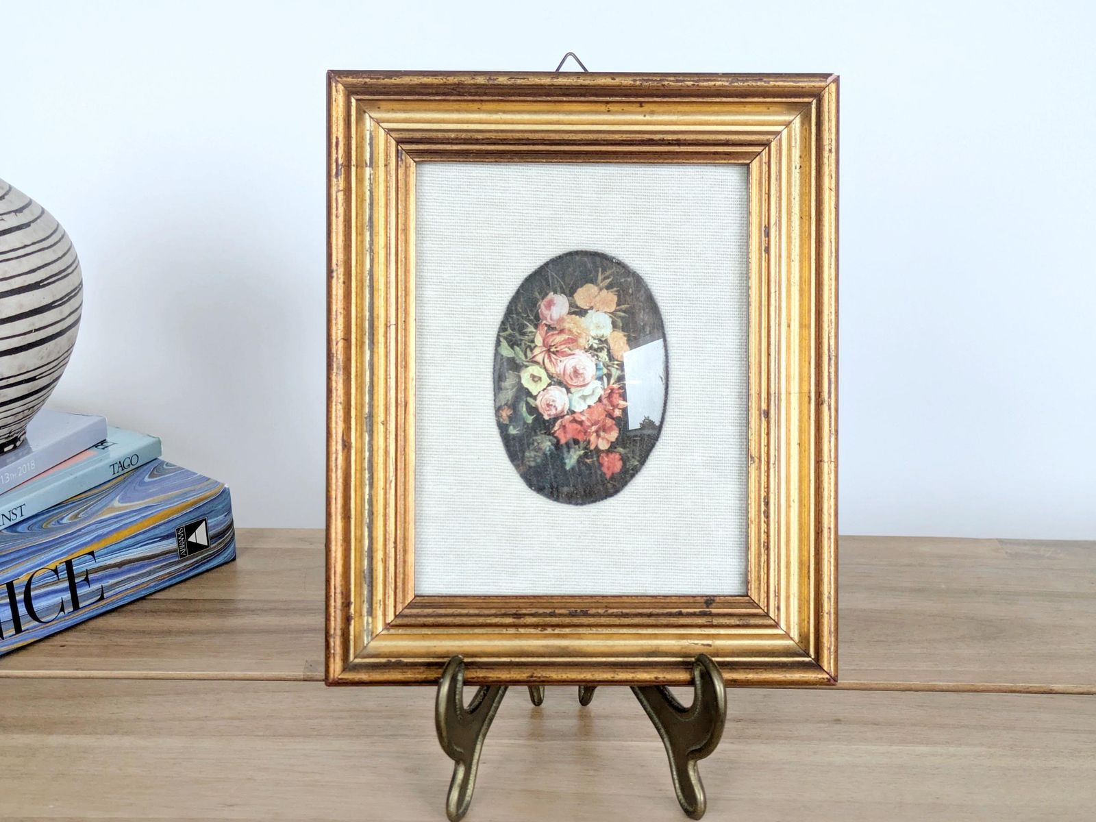 Vintage Floral Bouquet Print With Oval Linen Mat, Gilded Wood Frame, Foiled Shimmer Art photo furniture