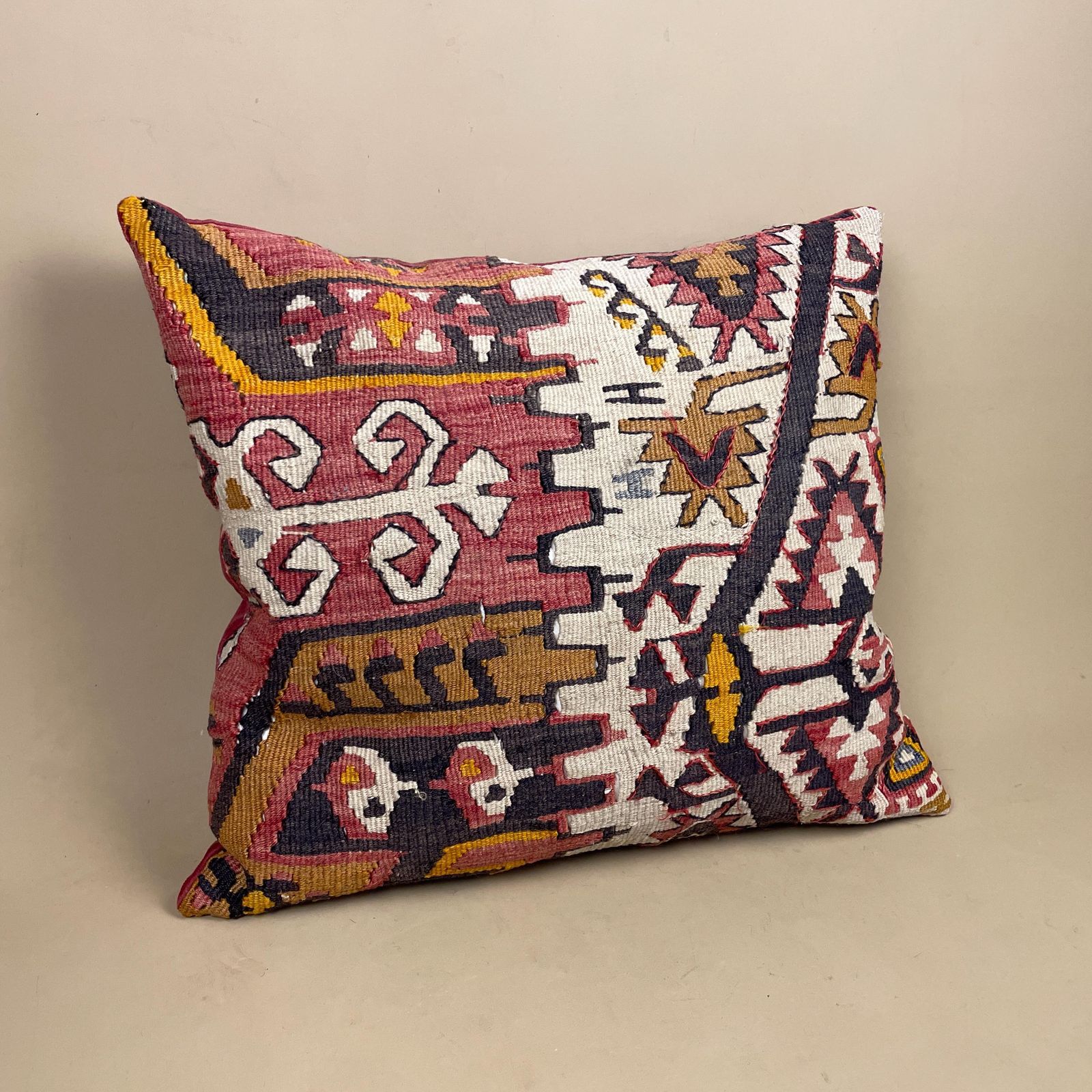 Kilim Cushion Wool Scatter Pillow Feather Filled Handwoven Patterned Muted Red Antique Rug 43x39cm Traditional Rectangle Vintage Pattern photo furniture
