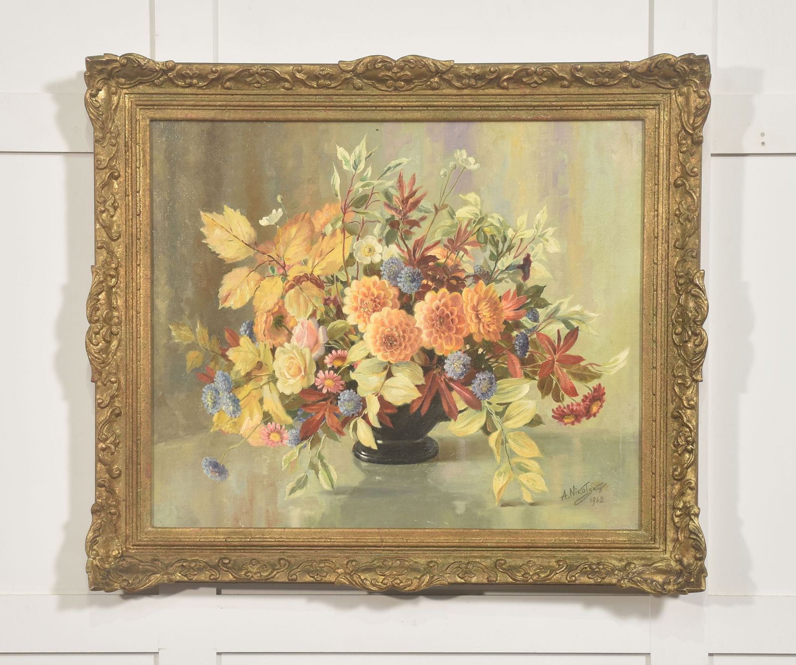 Oil On Canvas Still Life With Autumn Flowers A. Nikolokov