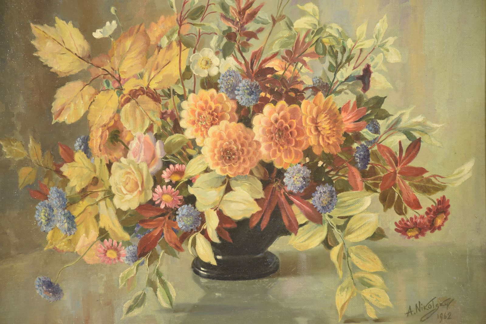 Oil On Canvas Still Life With Autumn Flowers A. Nikolokov photo vinterior