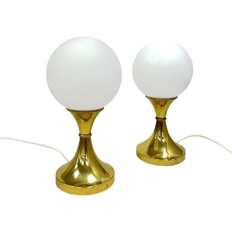 Pair Of Globe Table Lamps, Aka Leuchten, Germany, 1970s, Brass And Glass