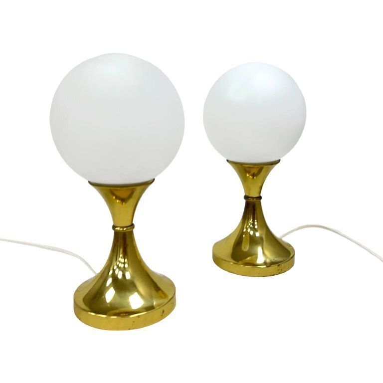 Pair Of Globe Table Lamps, Aka Leuchten, Germany, 1970s, Brass And Glass photo vinterior