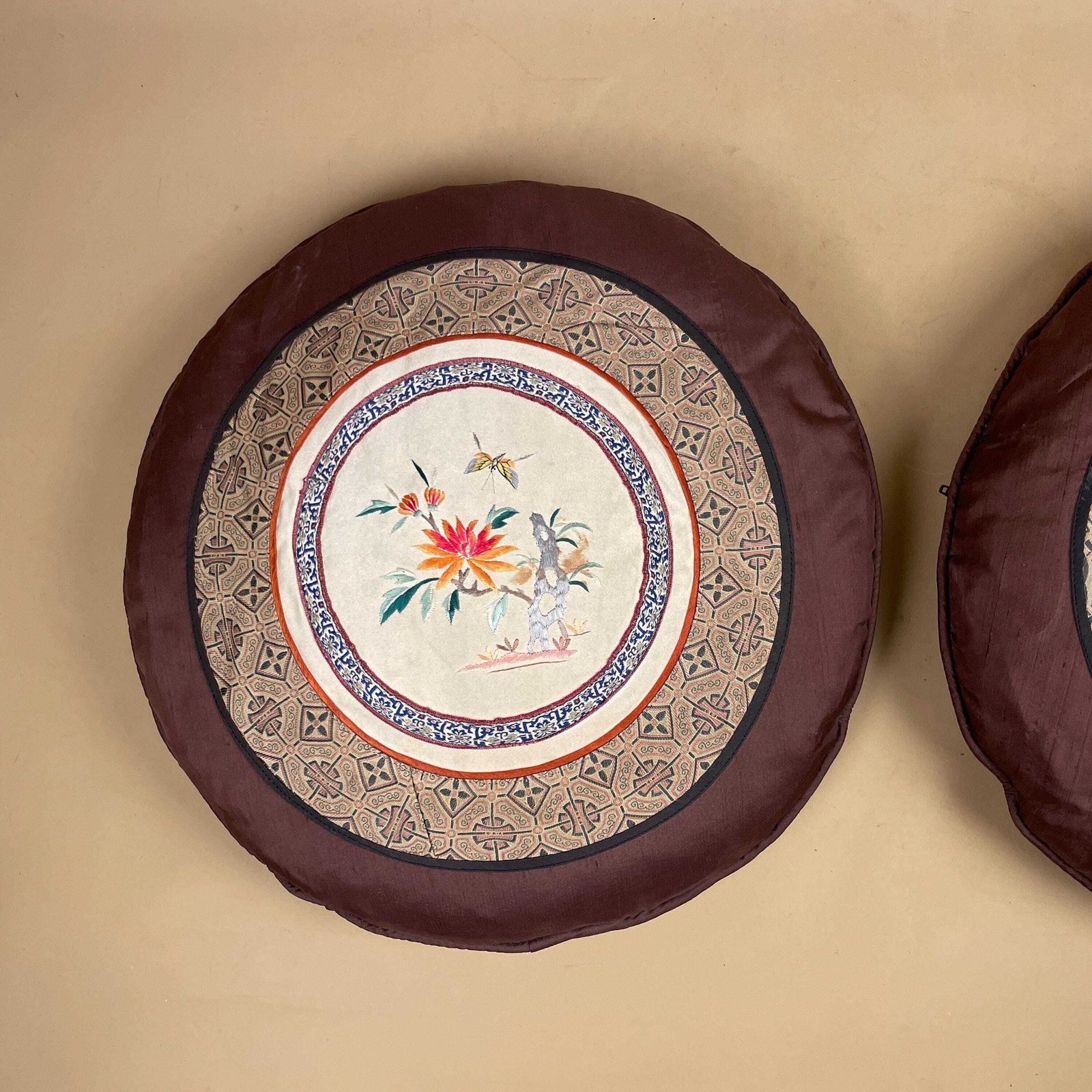 Pair Of Antique Oriental Cushion Circle Silk Scatter Pillow Feather Filled Patterned 35cm Traditional Circular Vintage Floral Embroidered photo furniture