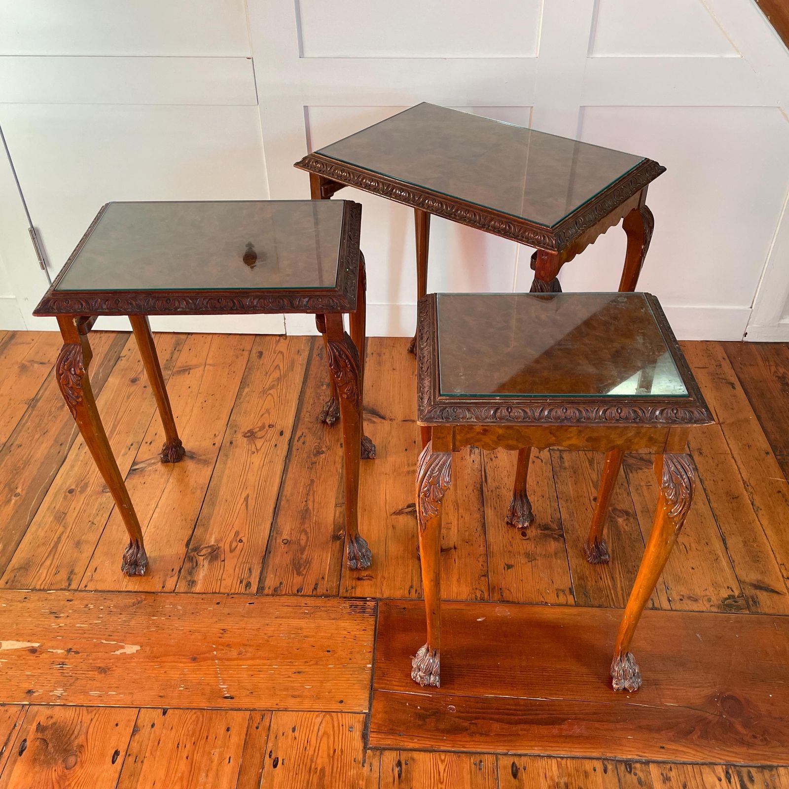 Antique Wooden Tables Nesting 3 Wood Ornate Carved Nest Burr Walnut Art Deco Glass Claw Feet Table End Side Serpentine Vintage Collection photo furniture