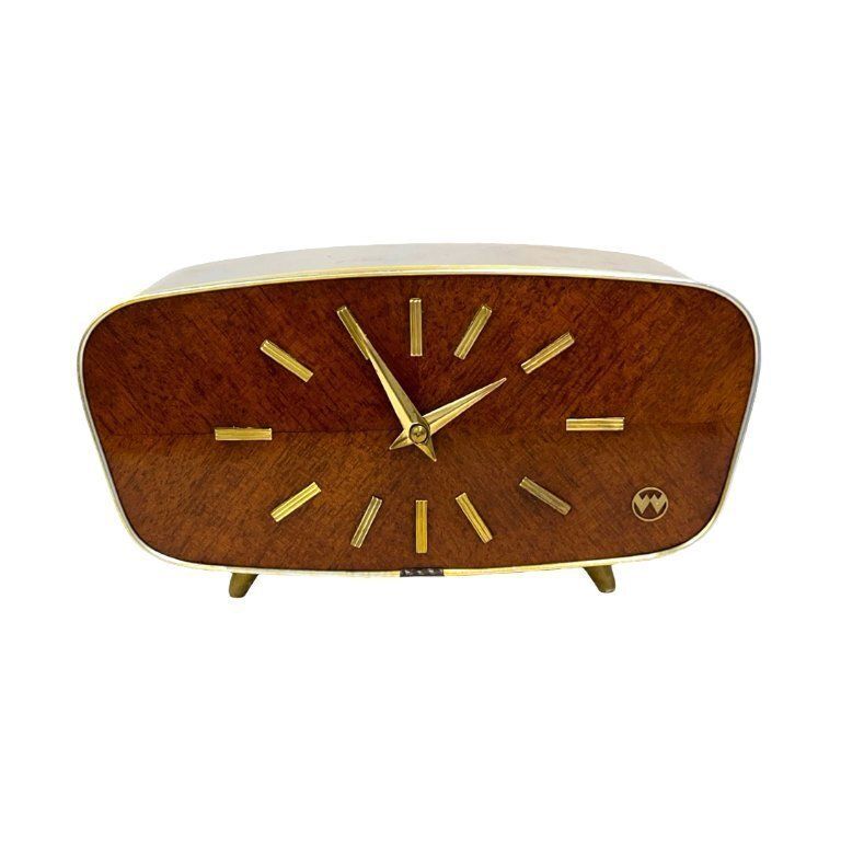Weimar Walnut Veneer Mantel Clock, 1960s, West Germany, Mid Century Modern