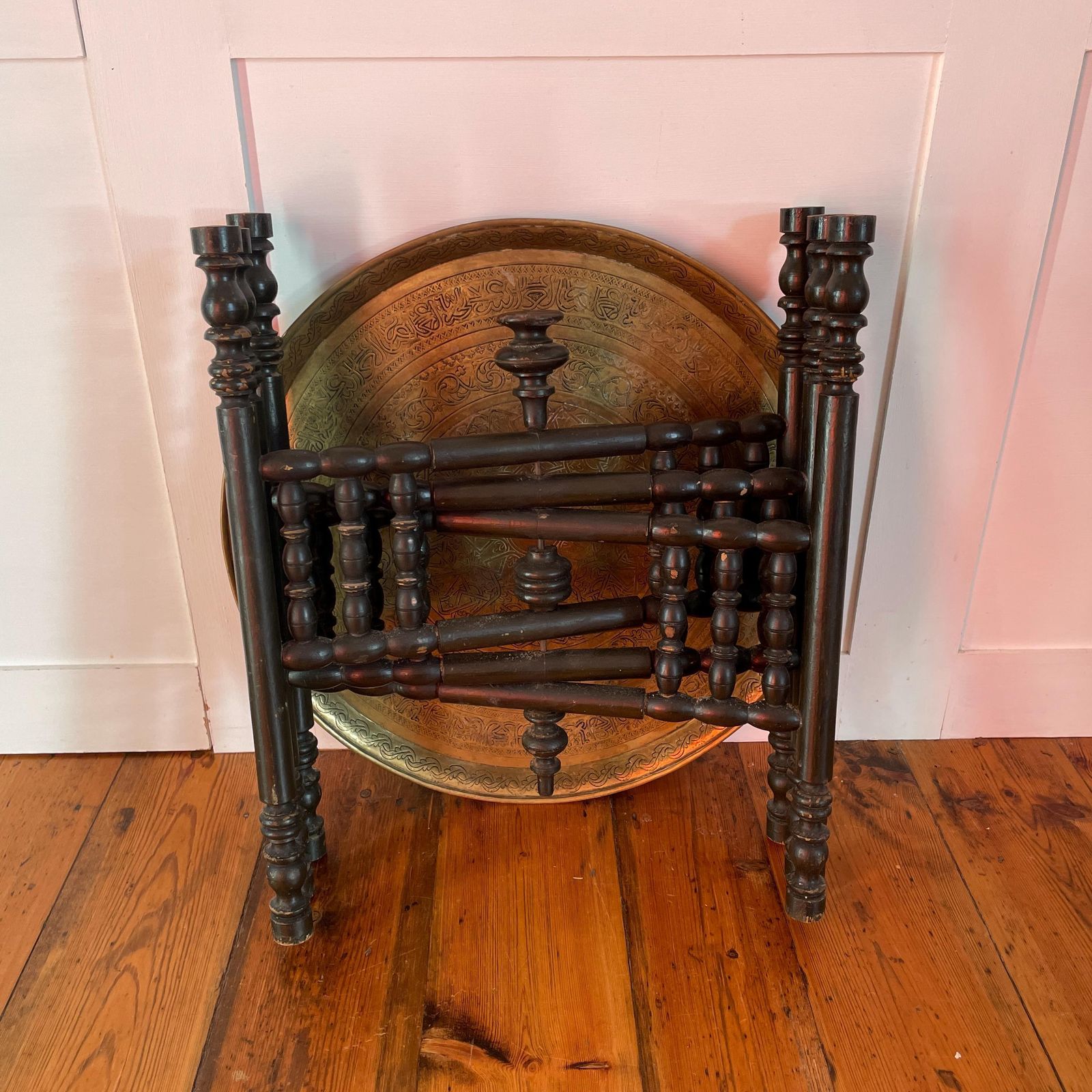 Furniture Antique Metal Gold Brass Indian Table Fold Away Patterned Tray Asian Handmade Intricate Decorative Patterned Round Coffee Side Wood Vintage photo
