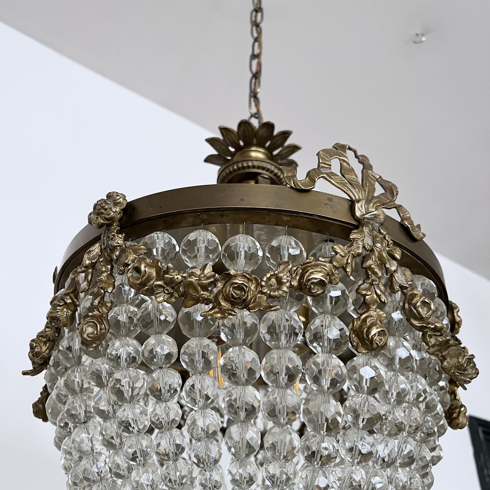 1595.0 Early 20th Century Louis XVI French Basket Chandelier With Cut Glass Beads photo