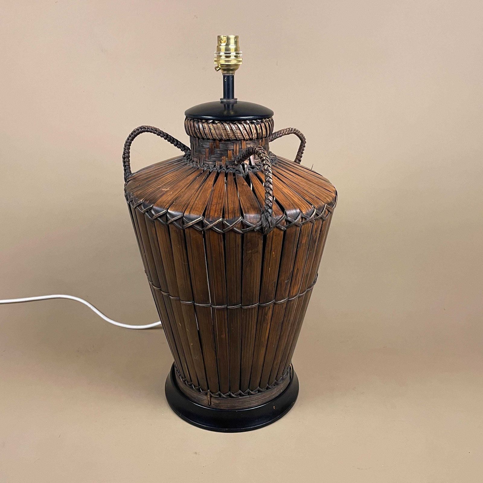 Antique Oriental Bamboo Wood Lamp Hand Painted Wooden Light Vintage Basket Bedside Side Table Pattern Handmade Traditional Asian