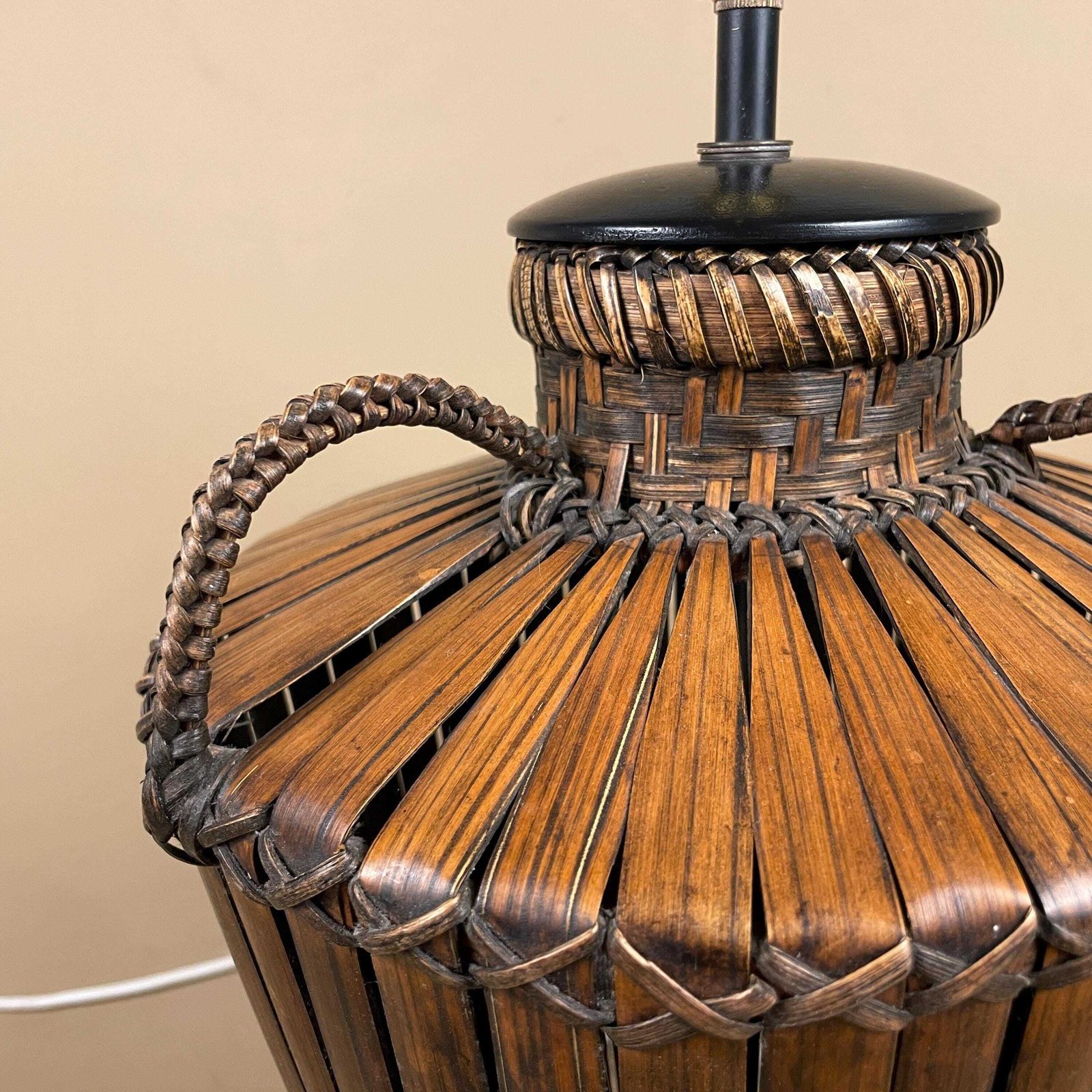Antique Oriental Bamboo Wood Lamp Hand Painted Wooden Light Vintage Basket Bedside Side Table Pattern Handmade Traditional Asian photo for sale