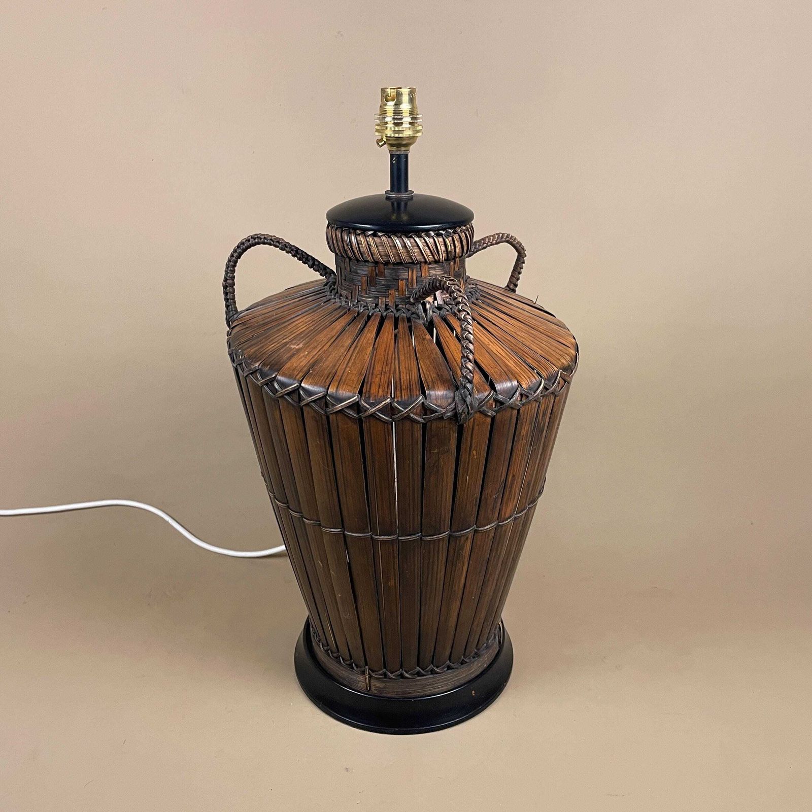 Antique Oriental Bamboo Wood Lamp Hand Painted Wooden Light Vintage Basket Bedside Side Table Pattern Handmade Traditional Asian photo 185.0