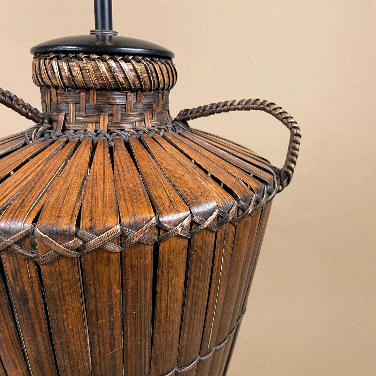 photo for sale Antique Oriental Bamboo Wood Lamp Hand Painted Wooden Light Vintage Basket Bedside Side Table Pattern Handmade Traditional Asian
