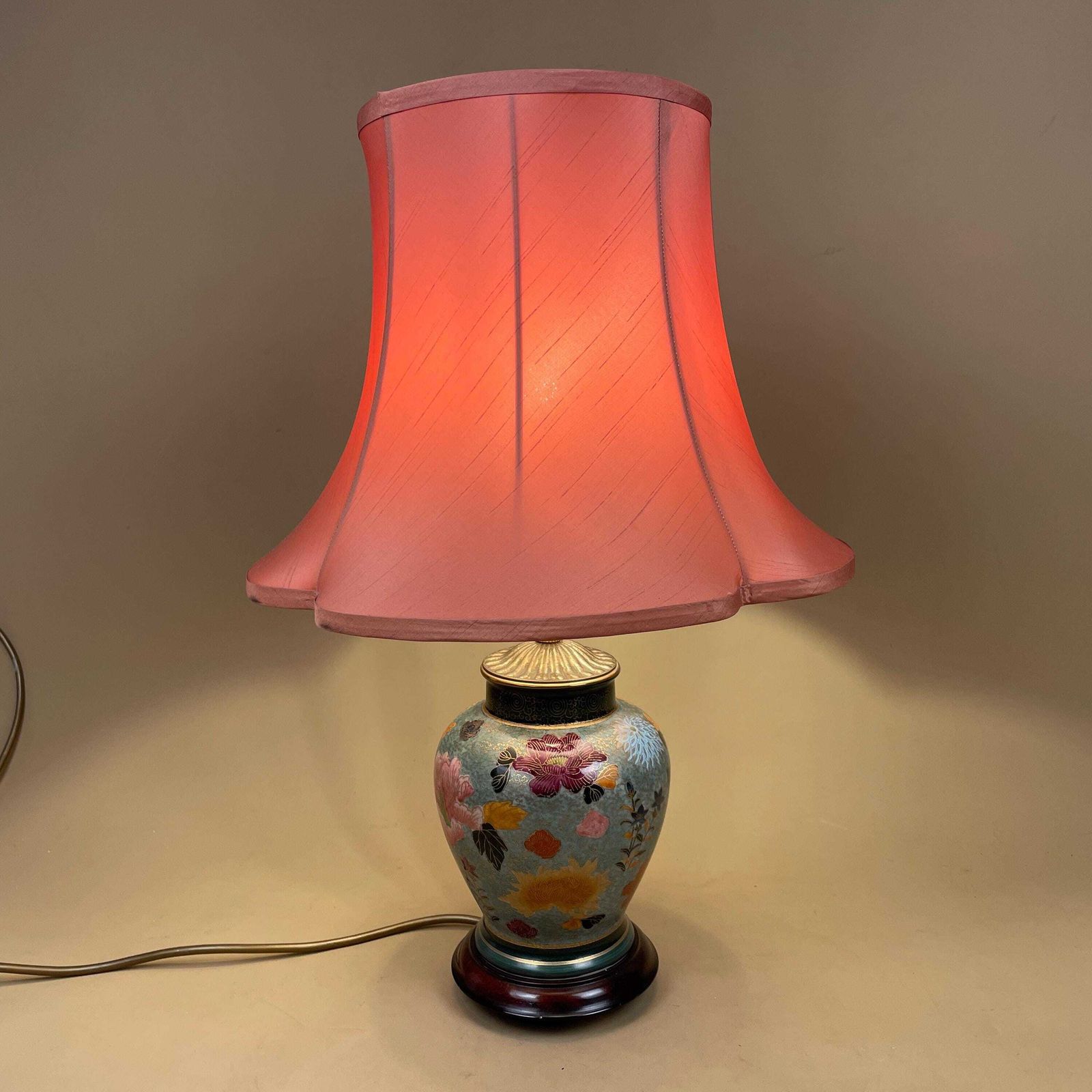 Lighting Antique Oriental Ceramic Lamp Light Bedside Table Shade Silk Lampshade Chinese Decor Porcelain Ginger Jar Vase Hand Painted Floral Wood photo