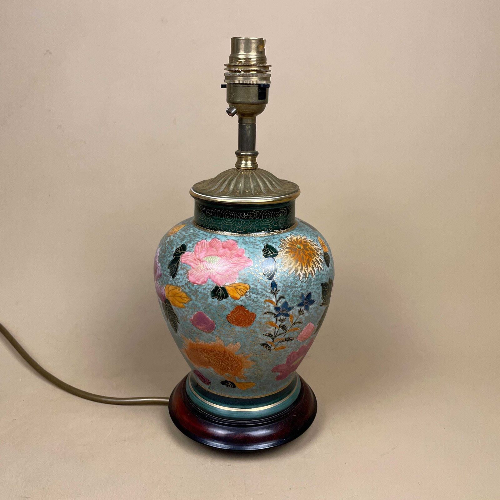 photo buy Antique Oriental Ceramic Lamp Light Bedside Table Shade Silk Lampshade Chinese Decor Porcelain Ginger Jar Vase Hand Painted Floral Wood