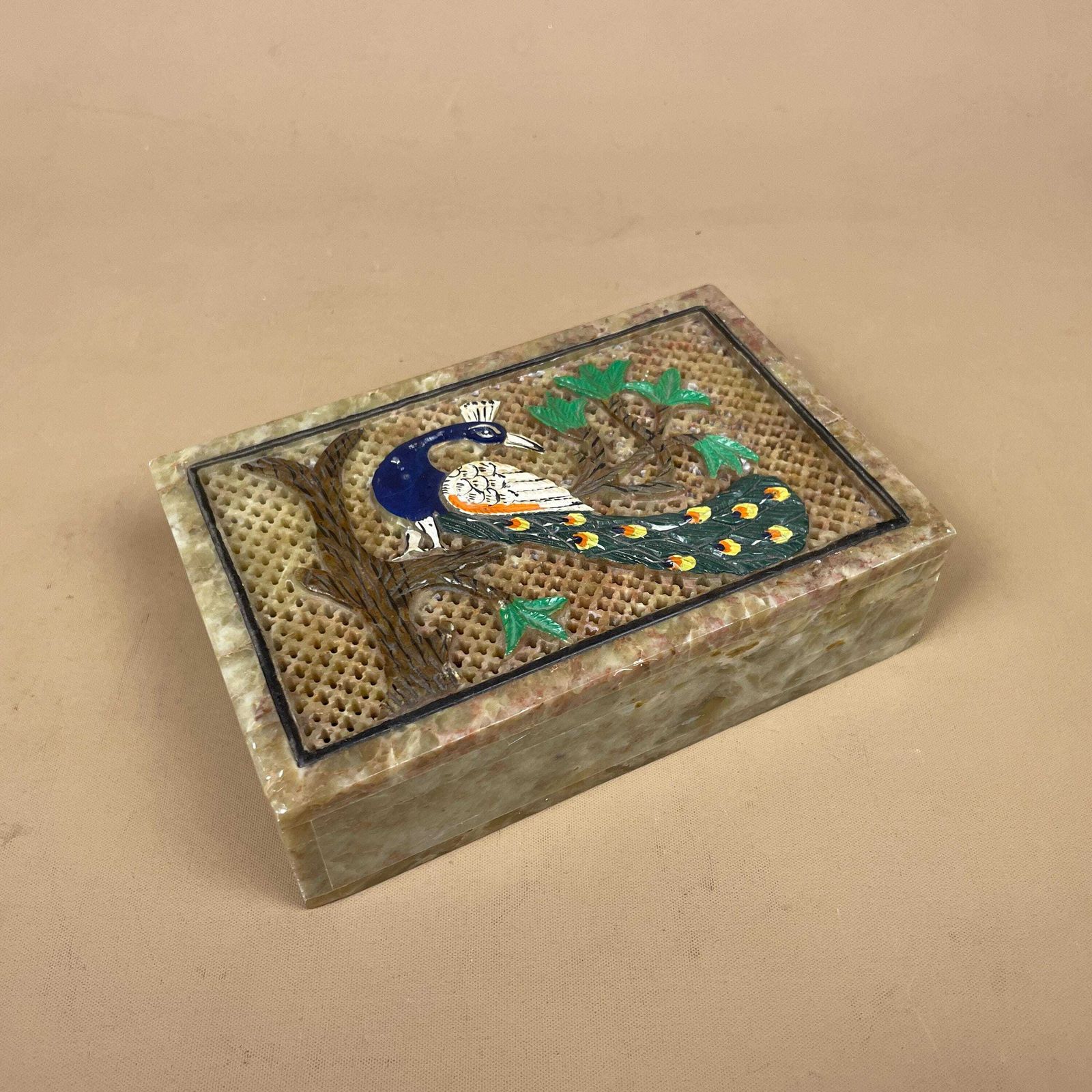 Marble Peacock Trinket Box Hand Painted Indian Onyx Stone Decorative Jewellery Keepsake Box Vintage Oriental Decor Hinged Lid