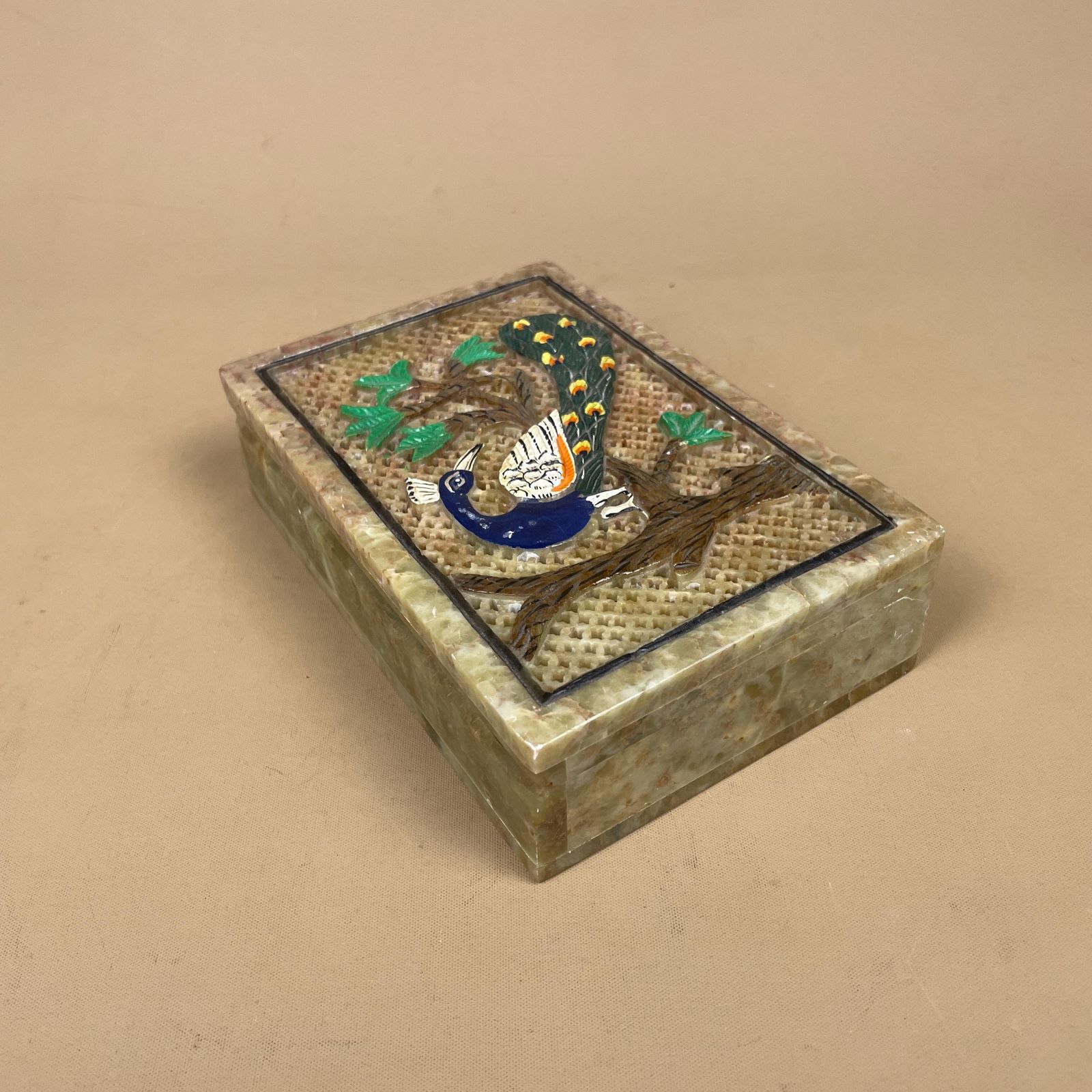 Marble Peacock Trinket Box Hand Painted Indian Onyx Stone Decorative Jewellery Keepsake Box Vintage Oriental Decor Hinged Lid photo Home Decor