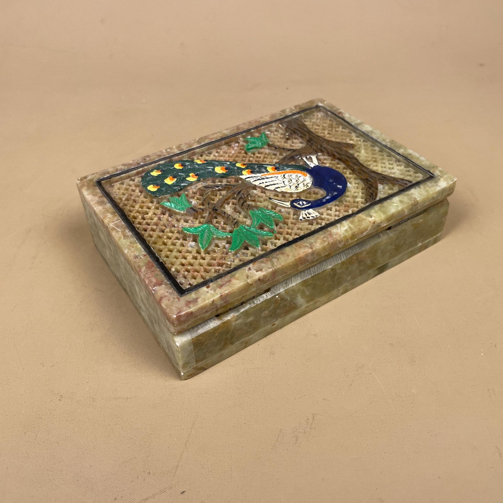 Marble Peacock Trinket Box Hand Painted Indian Onyx Stone Decorative Jewellery Keepsake Box Vintage Oriental Decor Hinged Lid photo 69.0