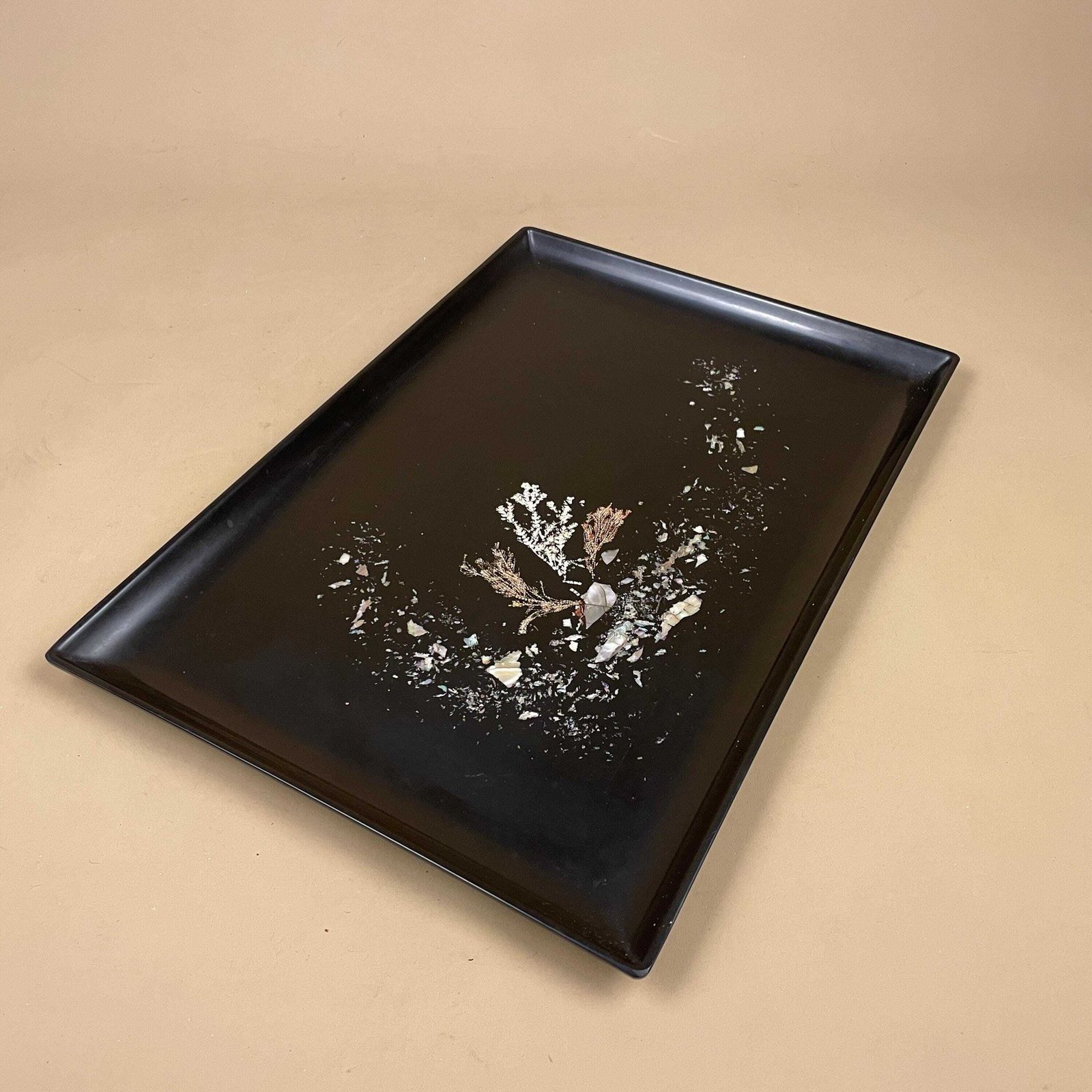 Couroc Monterey Black Tray Abalone Inlay Beach Mcm 1960s Mid Century Modern California Resin Serving Tray Coastal Decor photo vintage