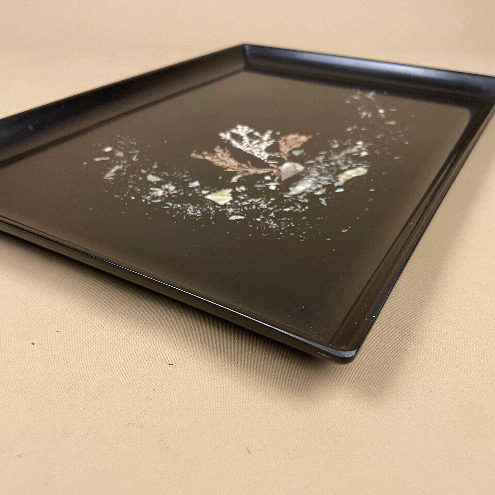 photo furniture Couroc Monterey Black Tray Abalone Inlay Beach Mcm 1960s Mid Century Modern California Resin Serving Tray Coastal Decor