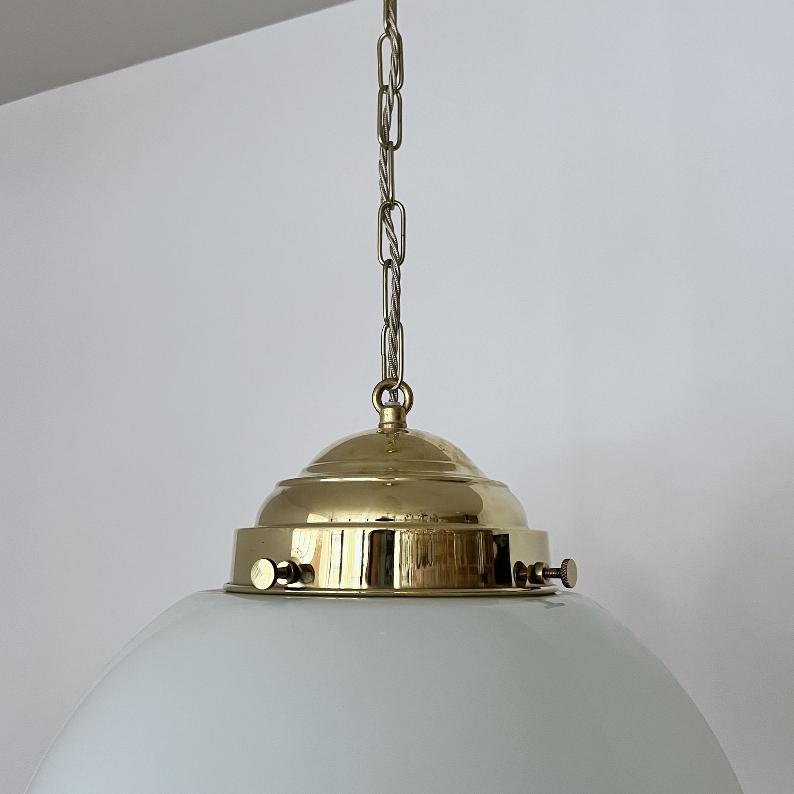 photo for sale Pair Of Large Early 20th Century English Opaline Glass Shades With New Polished Brass Gallery Fittings
