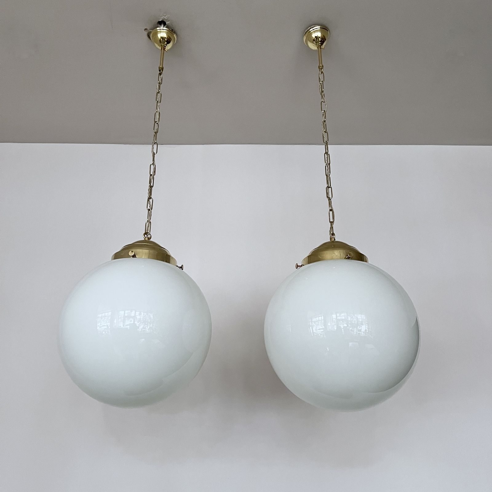 Lighting Pair Of Large Early 20th Century English Opaline Glass Shades With New Polished Brass Gallery Fittings photo