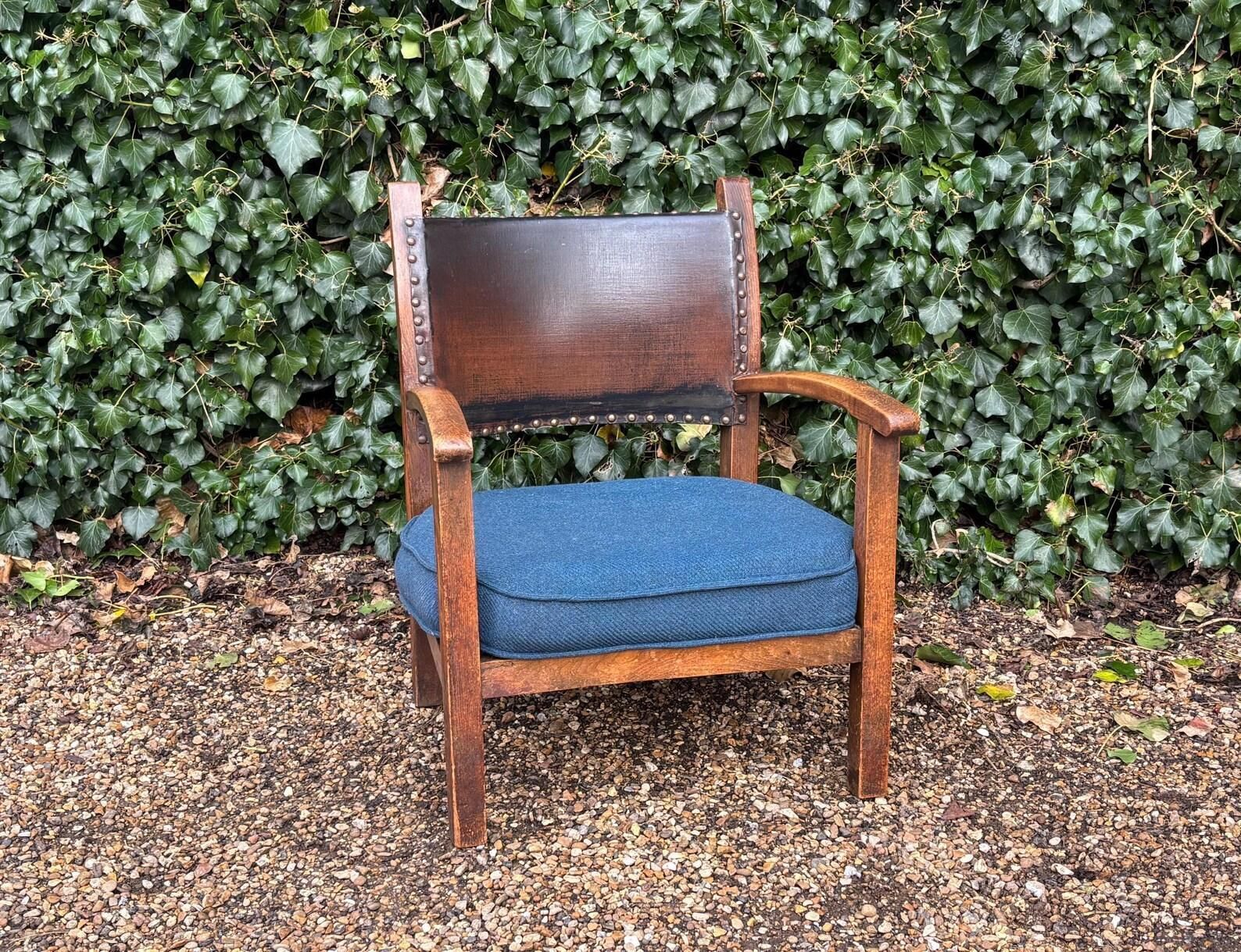Antique Low Oak And Leather Nursing Fireside Elbow Armchair