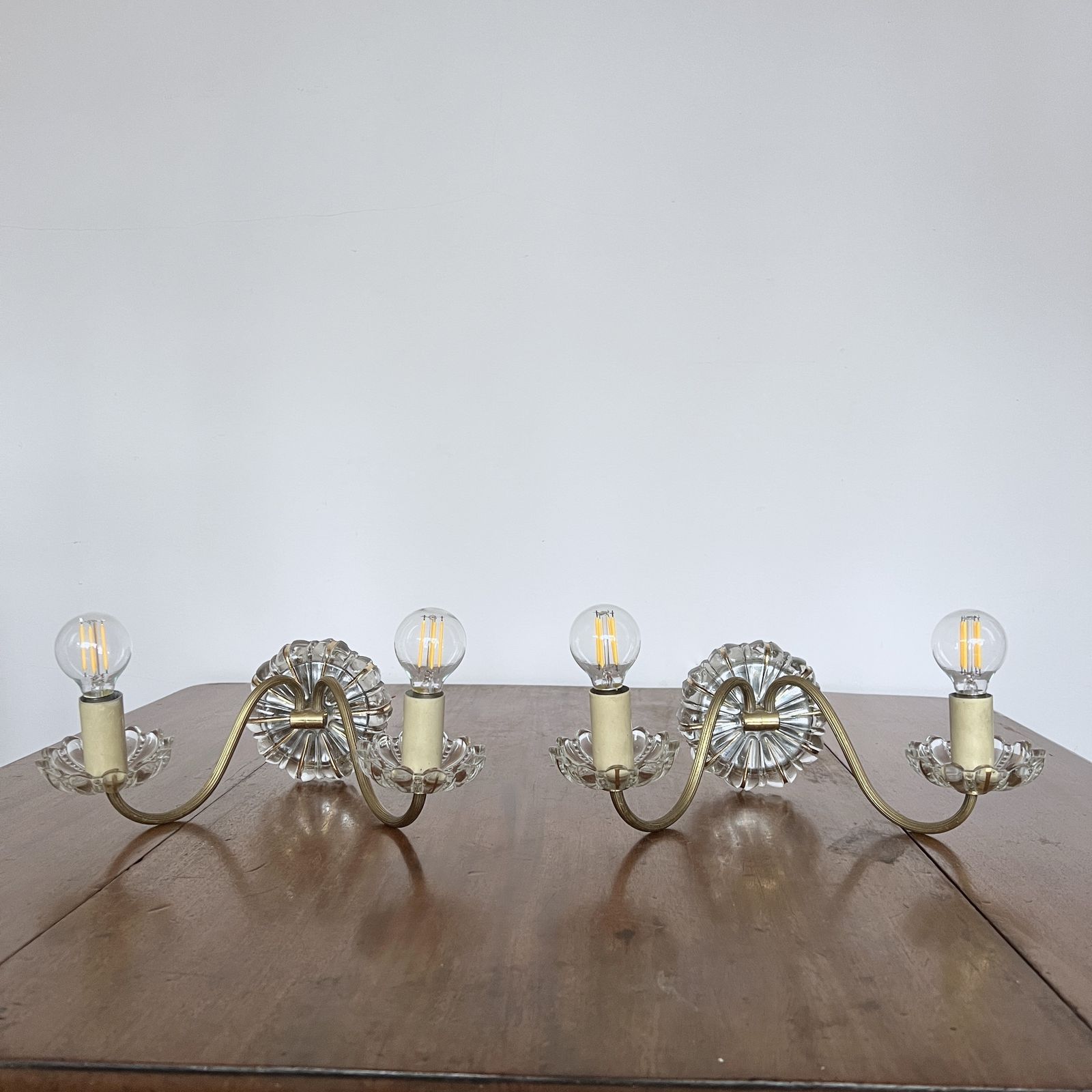 Pair Of Early 20th Century French Brass And Glass Wall Lights