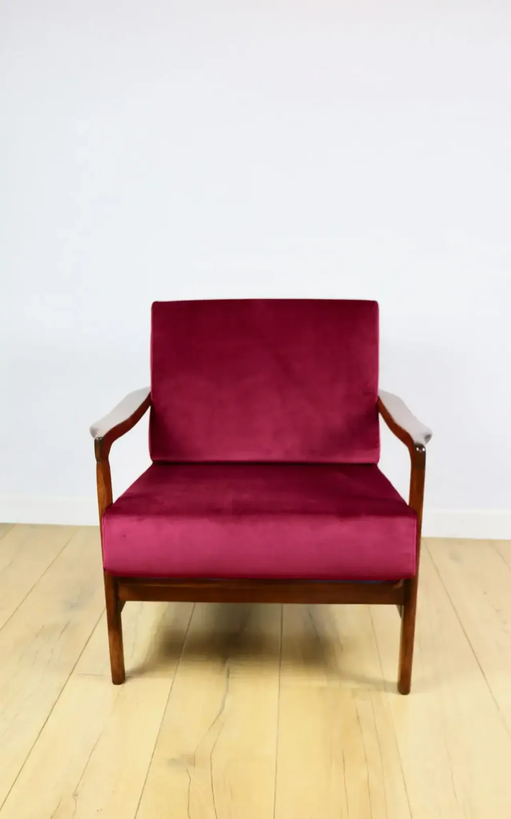 Vintage Burgundy Raspberry Brown Wooden Armchair Designed By Z. Bączyk   2 Pieces Available photo 484.0