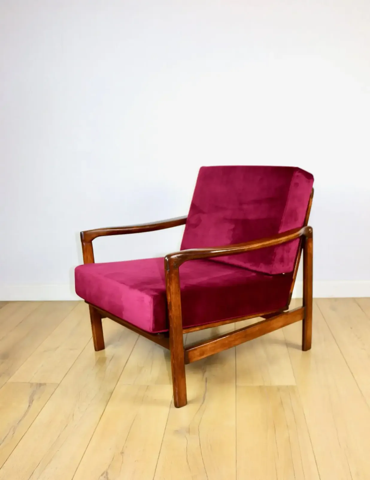 Vintage Burgundy Raspberry Brown Wooden Armchair Designed By Z. Bączyk   2 Pieces Available photo vinterior