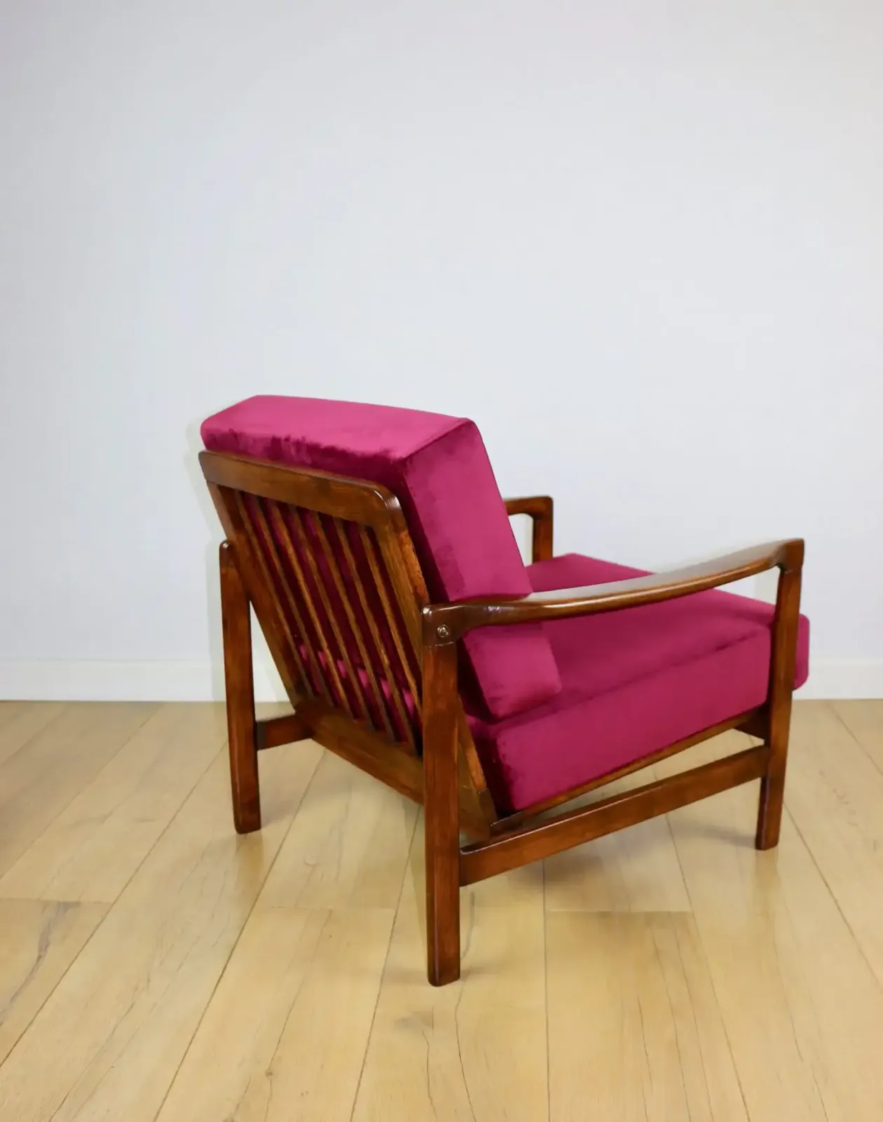 photo for sale Vintage Burgundy Raspberry Brown Wooden Armchair Designed By Z. Bączyk   2 Pieces Available